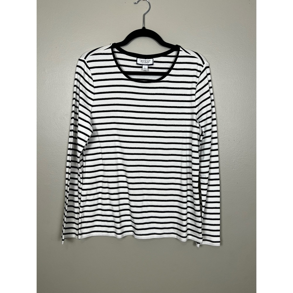 Charter Club Perfectly Soft Pima Cotton Metallic Stripe Long Sleeve Top Womens L